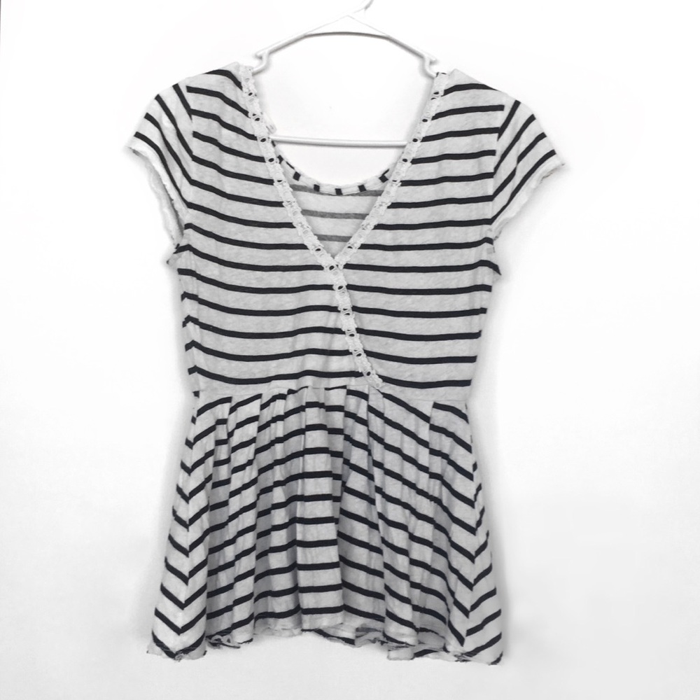Free People Black White Stripe Crochet Trim Peplum Top – Size Small